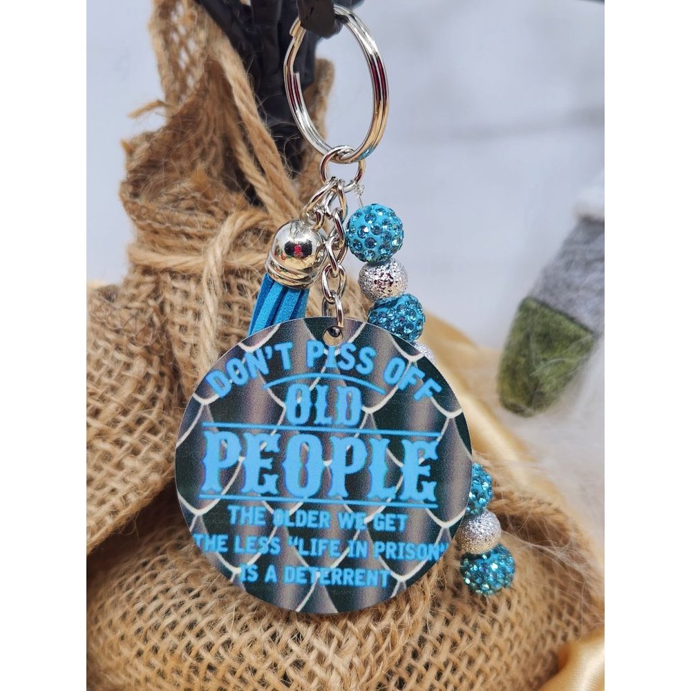 Old People Saying Keychain, New, Handcrafted, with Beads and Tassel.